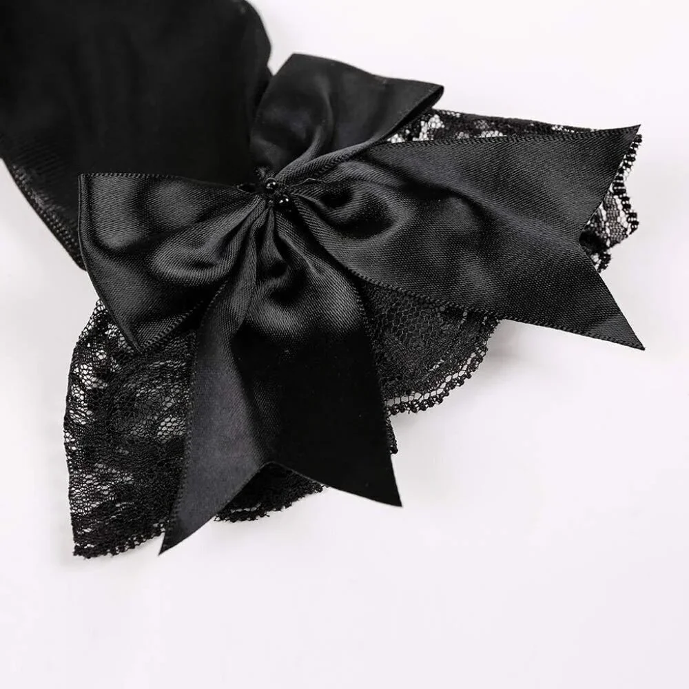 Women's Black Bow Lace Elegant Wrist Gloves Ruffle Bridal Wedding Party Prom